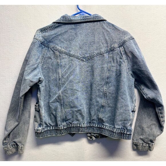 Böhme Womens Denim Jacket Distressed Light Wash Large Elastic Hem & Snap Pockets - Picture 8 of 10